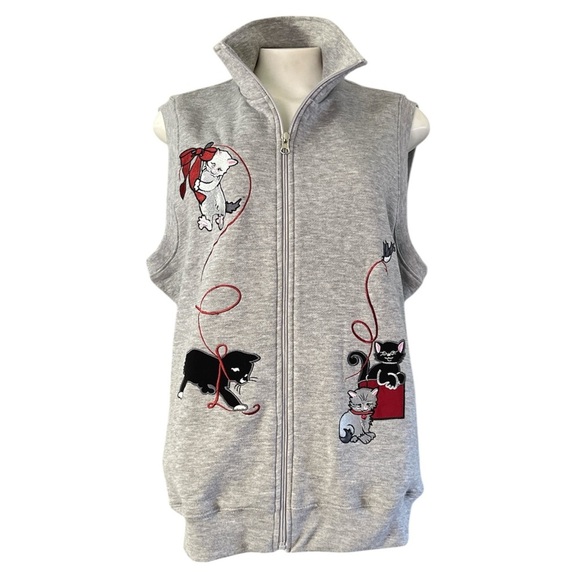 Gray Cat Embroidered Vest Women’s Size M | Whimsical Cozy Animal Print Layer - Picture 1 of 14